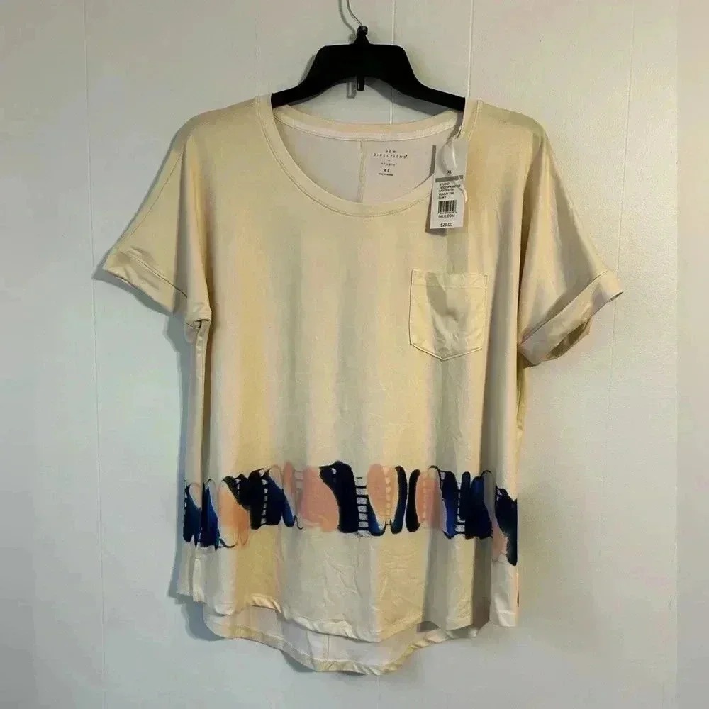 New Directions Studio Womens Yummy Tee Ivory Abstract Border Print pocket Top XL